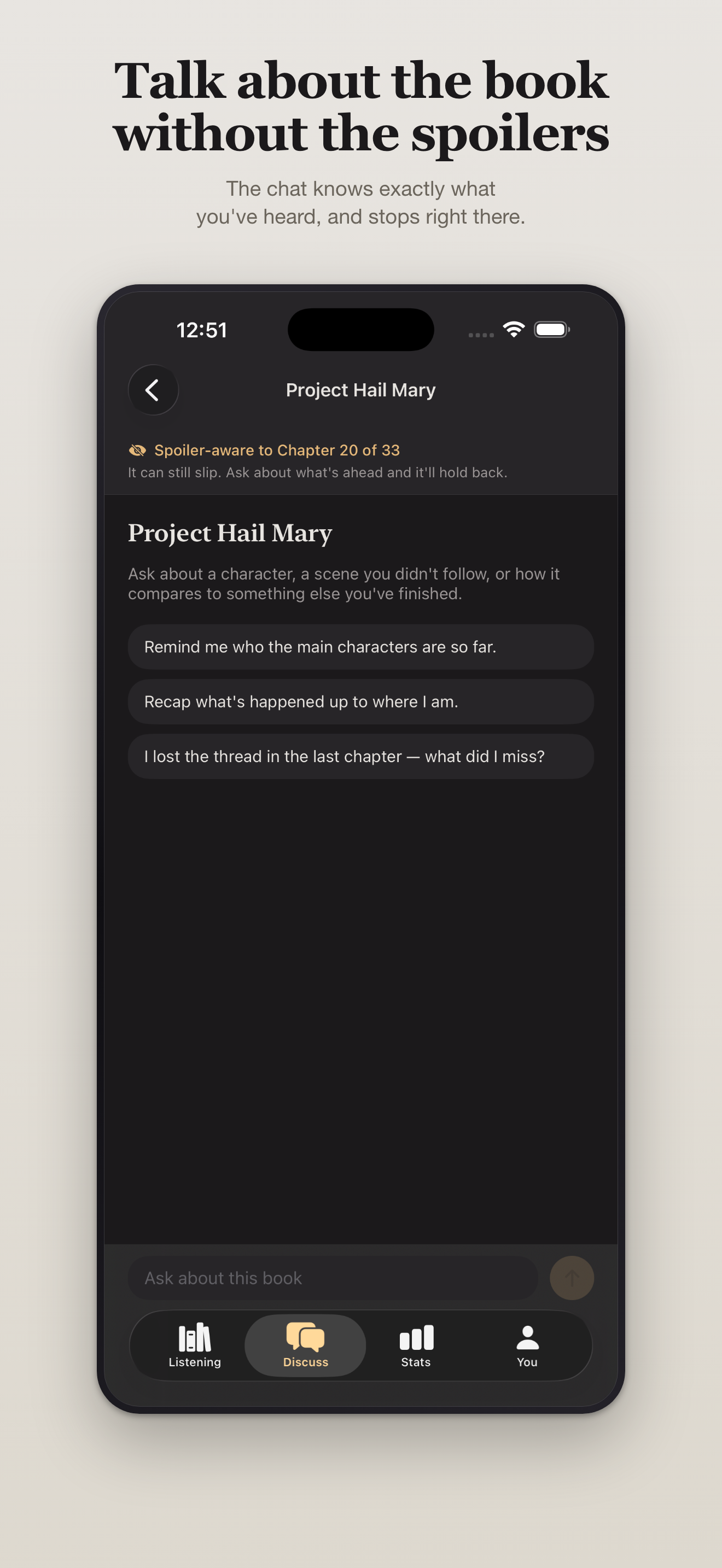 BookTrace spoiler-aware discussion screen