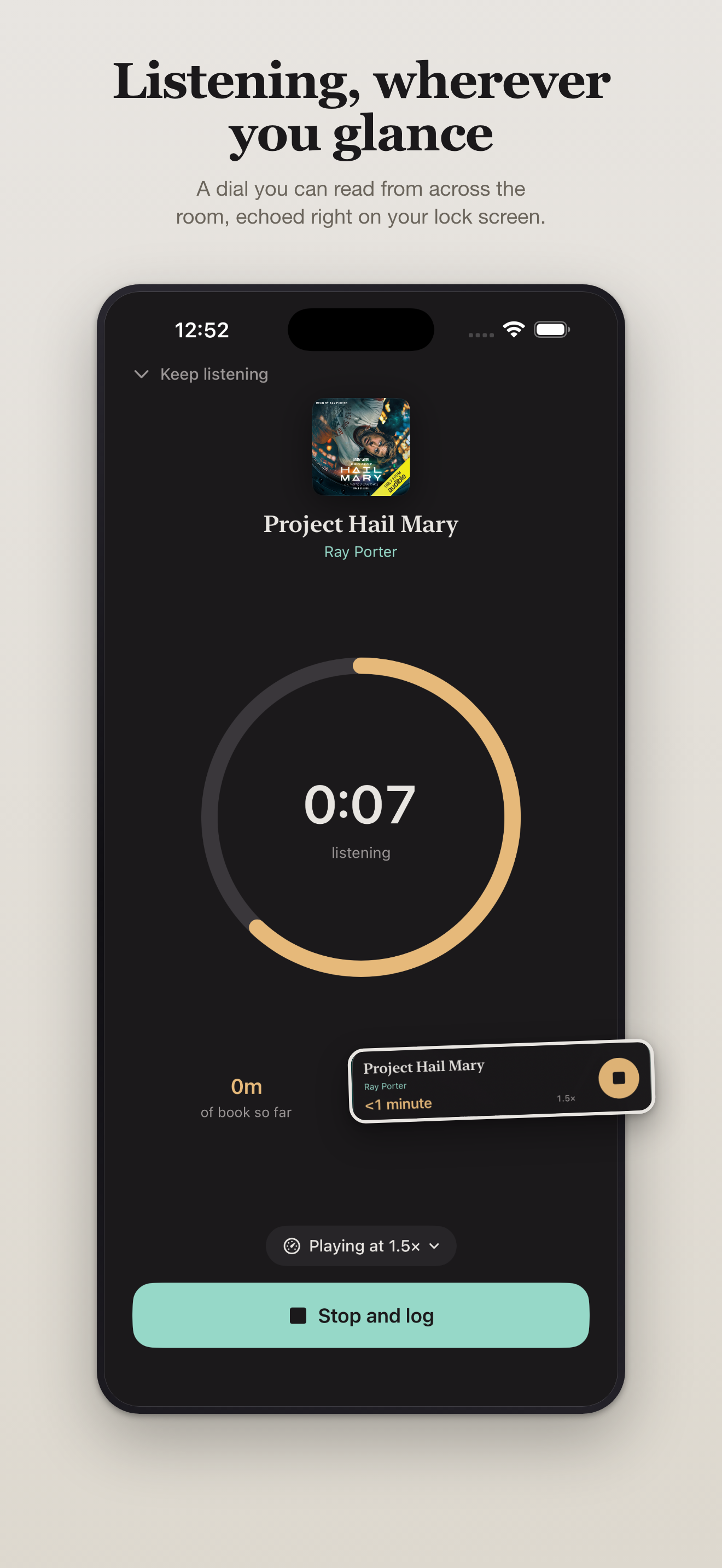 BookTrace listening screen with session timer and playback speed